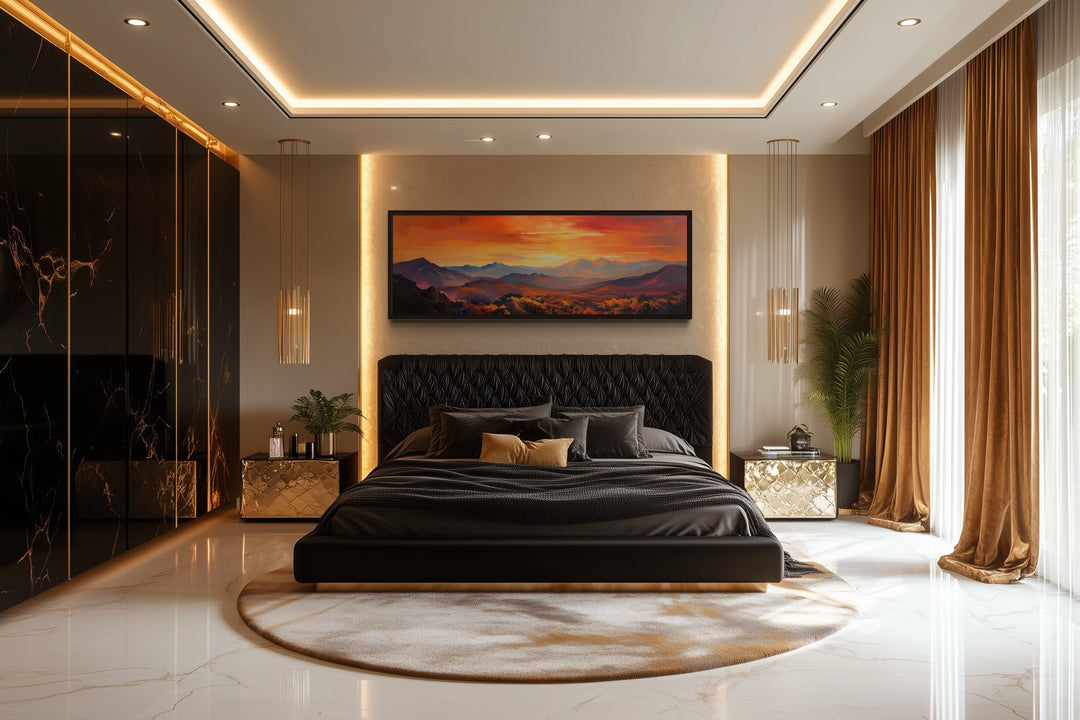 Orange Mountain Sunset Horizontal Framed Canvas Wall Art