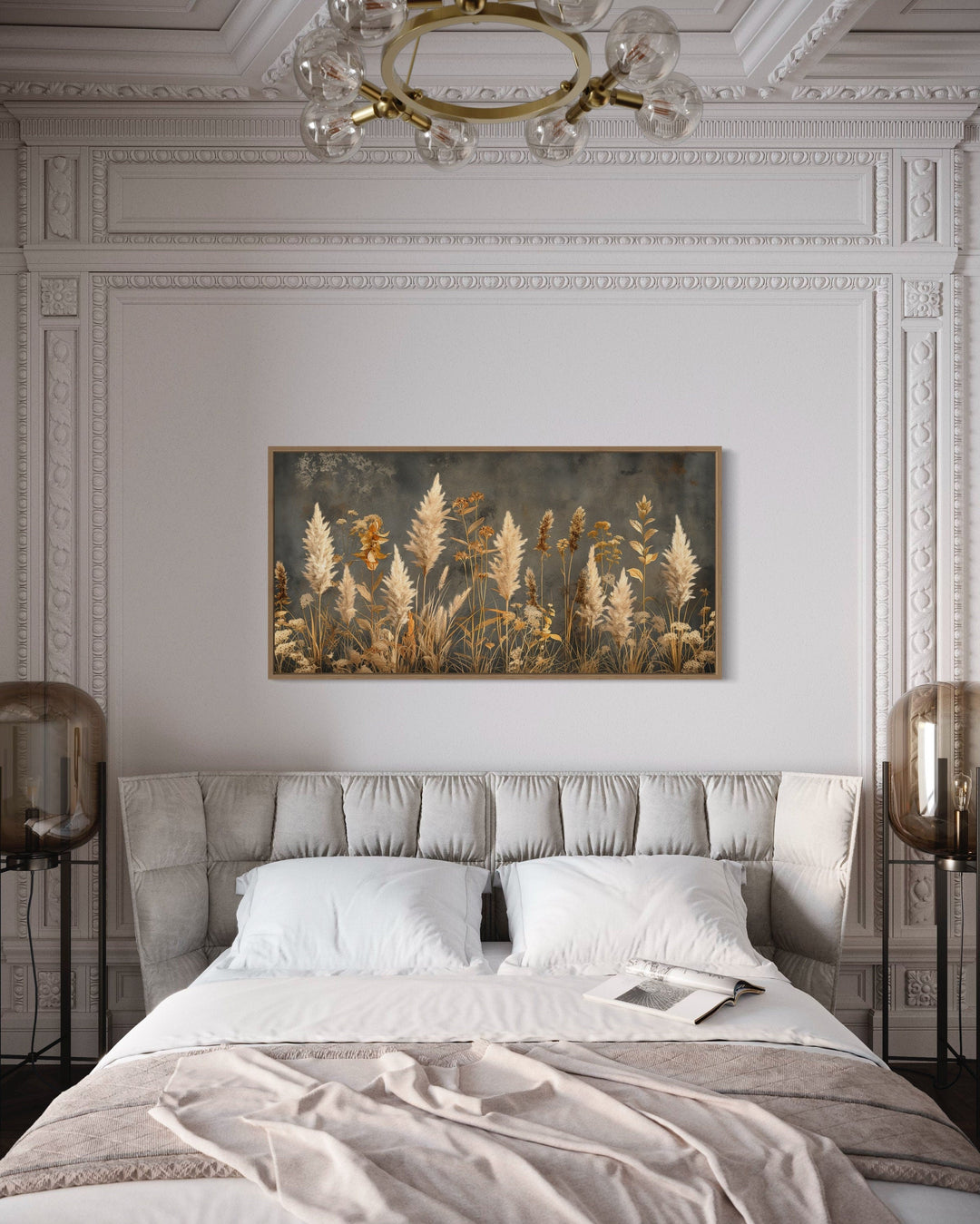 Pampas Grass On Grey Background Rustic Neutral Framed Canvas Wall Art