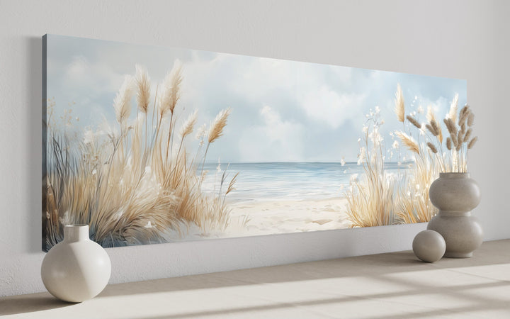 Pampas Grass On The Beach Horizontal Neutral Framed Canvas Wall Art