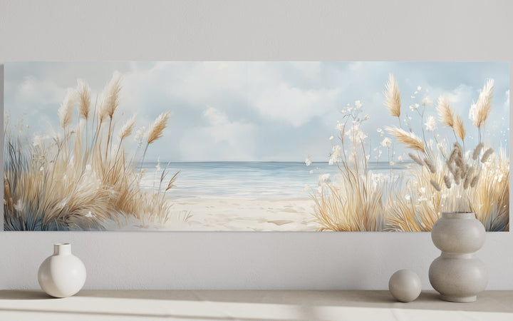 Pampas Grass On The Beach Horizontal Neutral Framed Canvas Wall Art