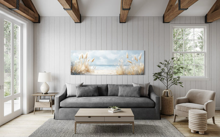 Pampas Grass On The Beach Horizontal Neutral Framed Canvas Wall Art