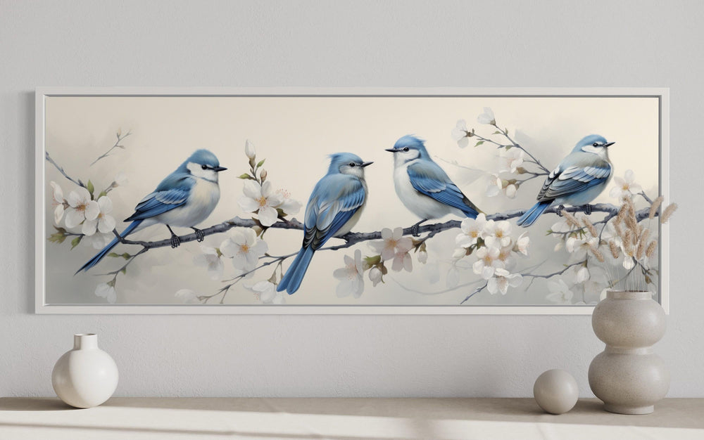 Panoramic Blue Birds Perched On a Branch Watercolor Wall Art