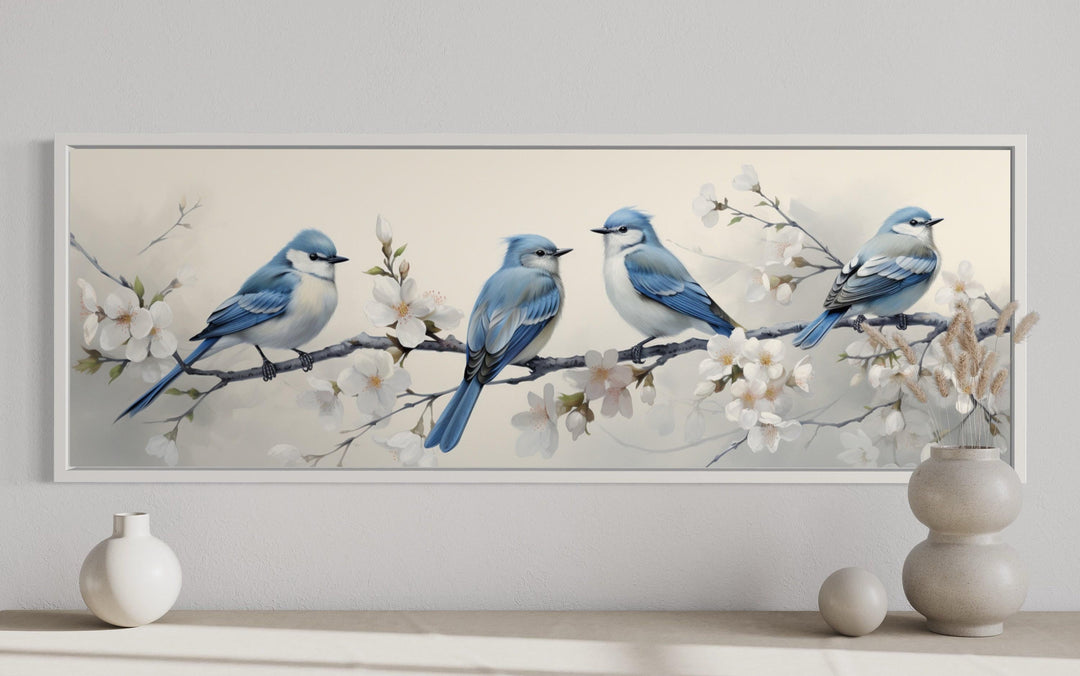 Panoramic Blue Birds Perched On a Branch Watercolor Wall Art