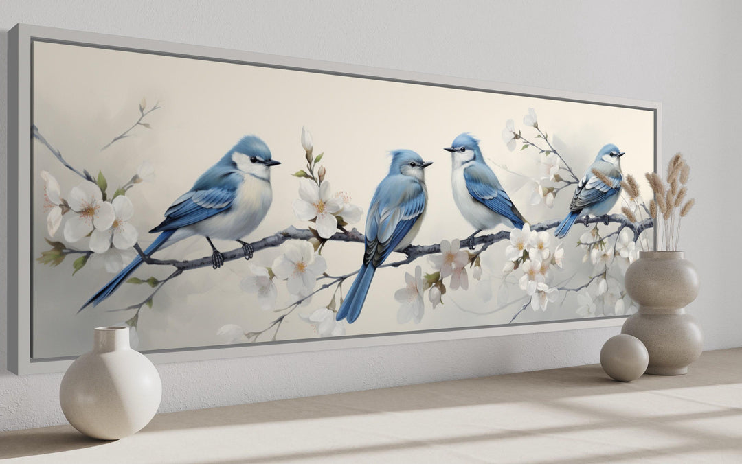Panoramic Blue Birds Perched On a Branch Watercolor Wall Art