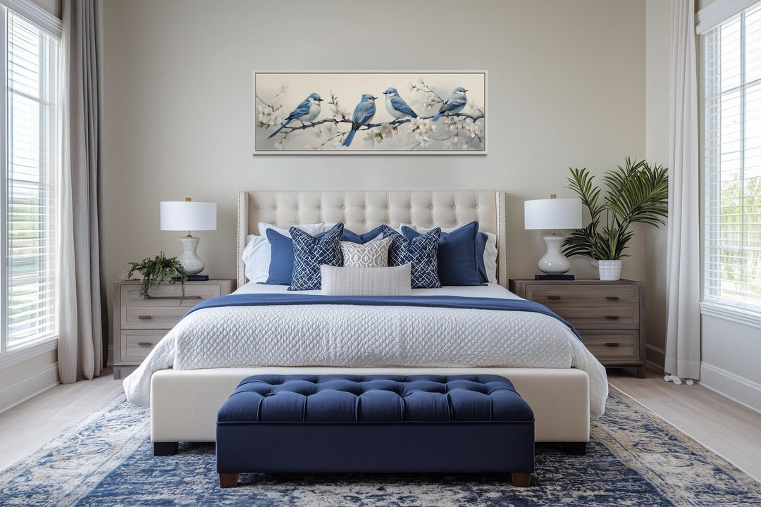 Panoramic Blue Birds Perched On a Branch Watercolor Wall Art