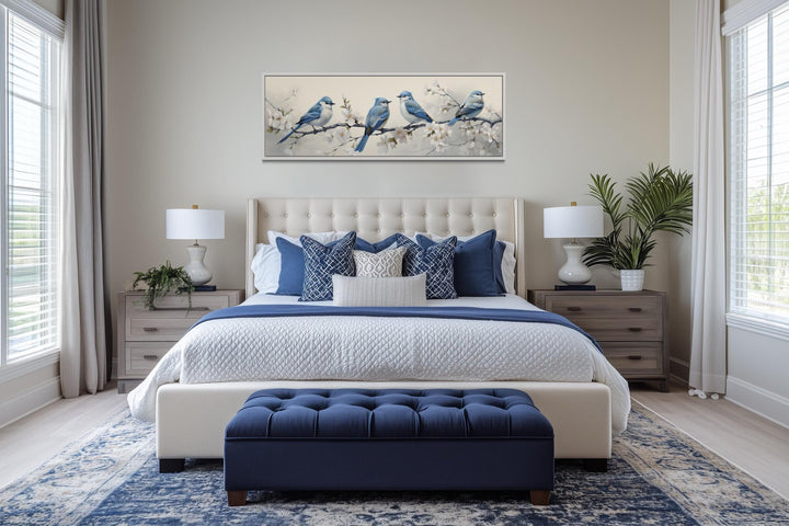 Panoramic Blue Birds Perched On a Branch Watercolor Wall Art