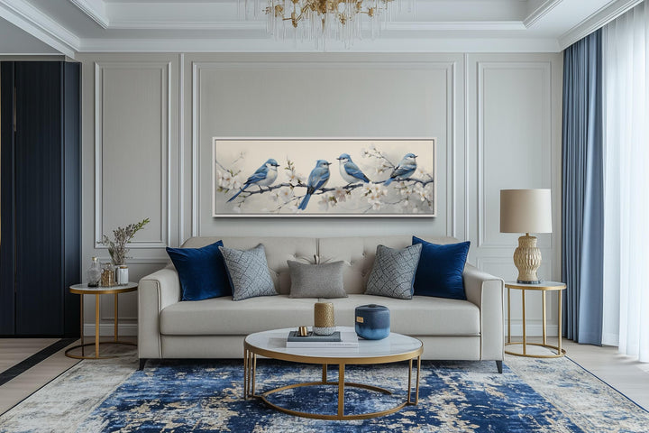 Panoramic Blue Birds Perched On a Branch Watercolor Wall Art