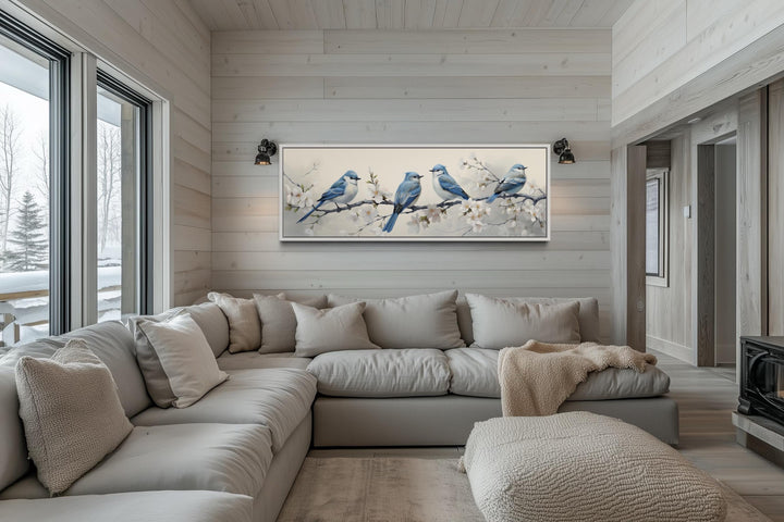 Panoramic Blue Birds Perched On a Branch Watercolor Wall Art