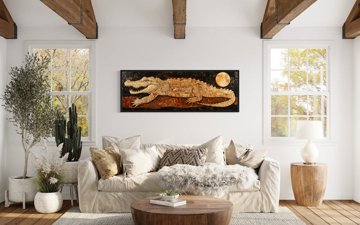 Panoramic Crocodile Layered Wood Style Painting Canvas Wall Art