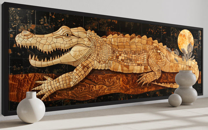 Panoramic Crocodile Layered Wood Style Painting Canvas Wall Art
