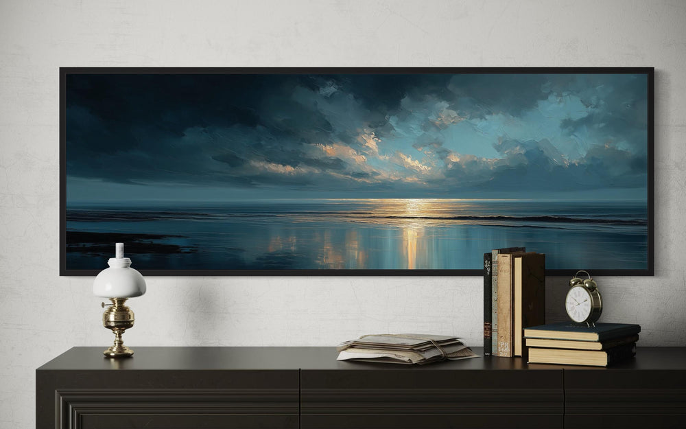 Panoramic Ocean Blue Grey And Gold Sunset Wall Art