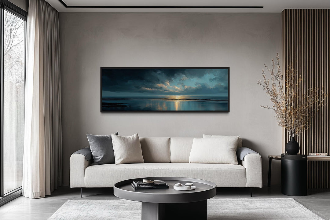 Panoramic Ocean Blue Grey And Gold Sunset Wall Art
