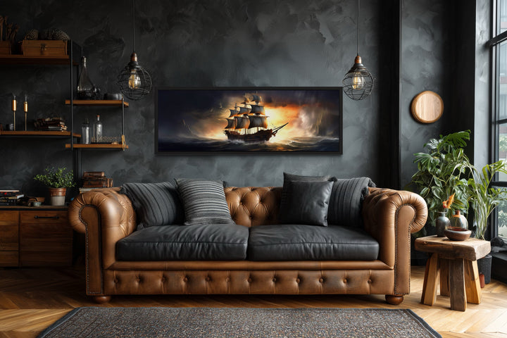 Panoramic Pirate Ship In Ocean Nautical Framed Canvas Wall Art
