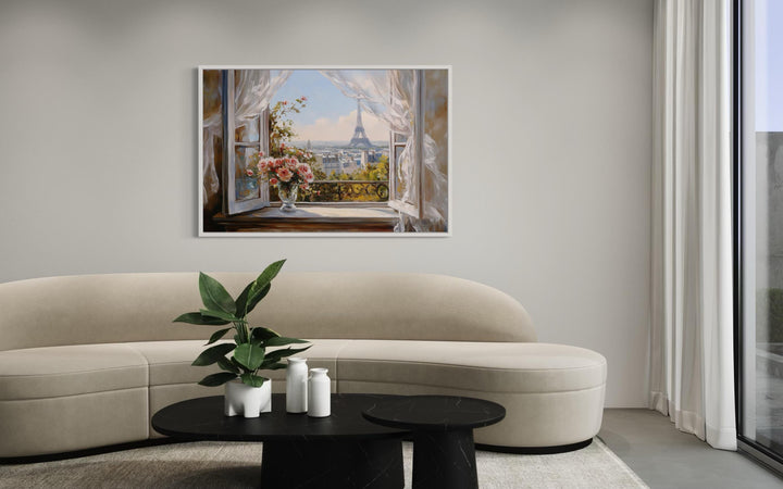 Paris Window View Wall Art With Eiffel Tower And Flowers