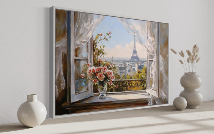 Paris Window View Wall Art With Eiffel Tower And Flowers