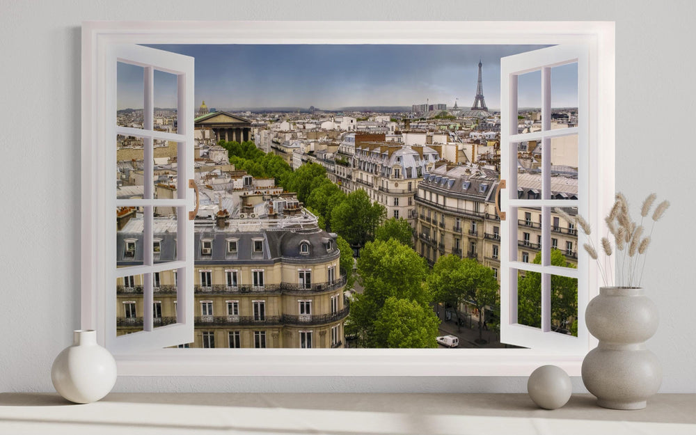 Paris Window View With Eiffel Tower And Haussmann Rooftops Wall Art