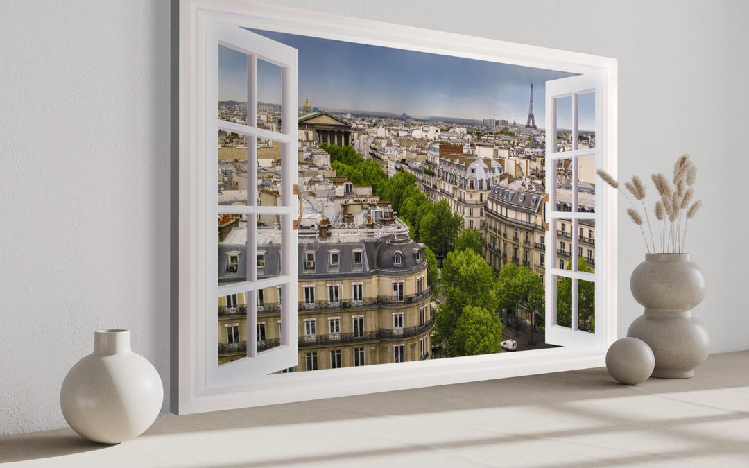 Paris Window View With Eiffel Tower And Haussmann Rooftops Wall Art