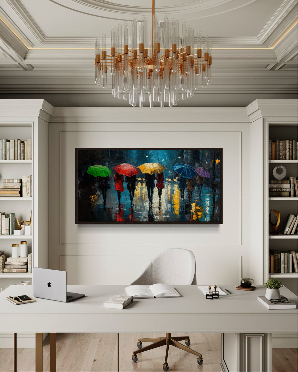 People With Colorful Umbrellas In Rainy City Wall Art For Office Decor