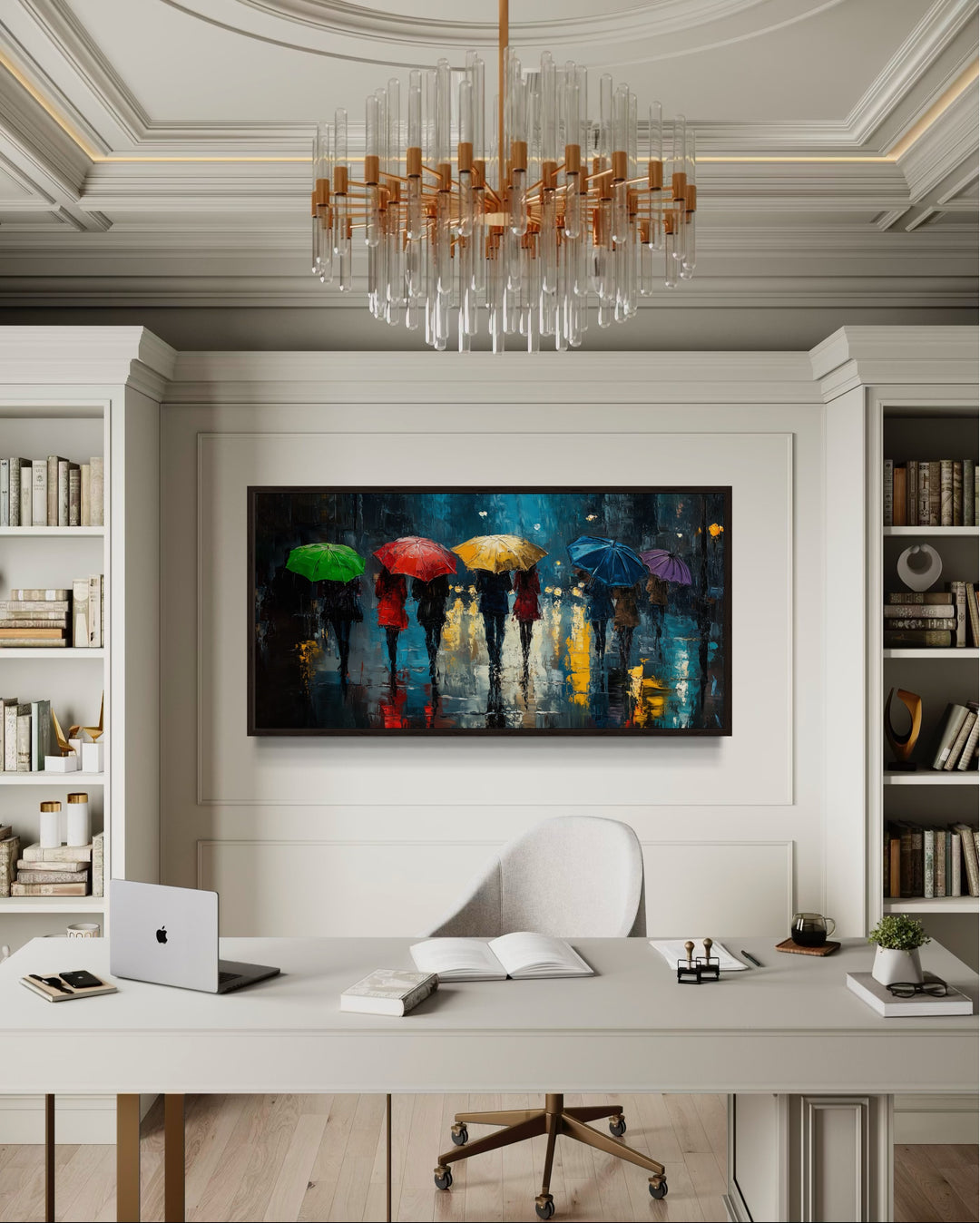 People With Colorful Umbrellas In Rainy City Wall Art For Office Decor