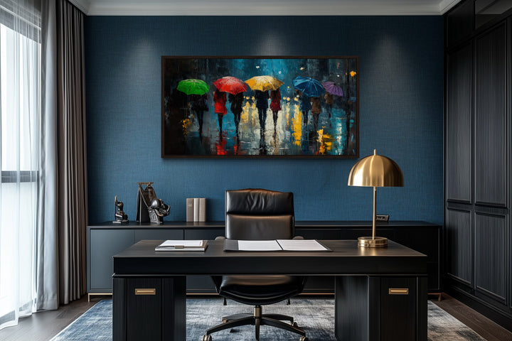 People With Colorful Umbrellas In Rainy City Wall Art For Office Decor