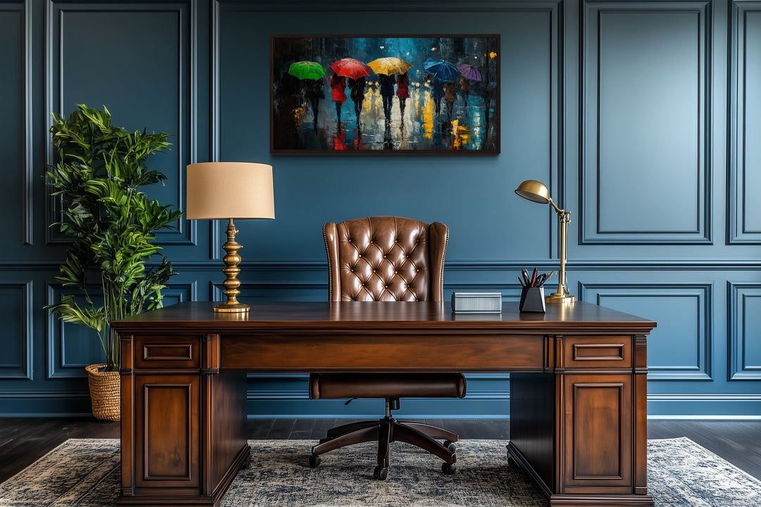 People With Colorful Umbrellas In Rainy City Wall Art For Office Decor