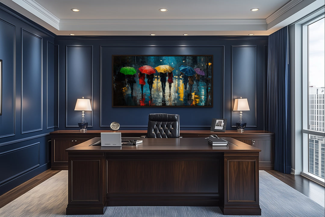 People With Colorful Umbrellas In Rainy City Wall Art For Office Decor
