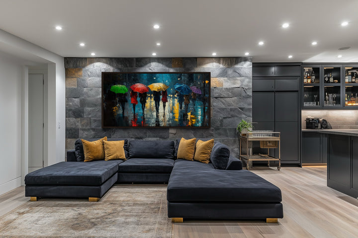 People With Colorful Umbrellas In Rainy City Wall Art For Office Decor