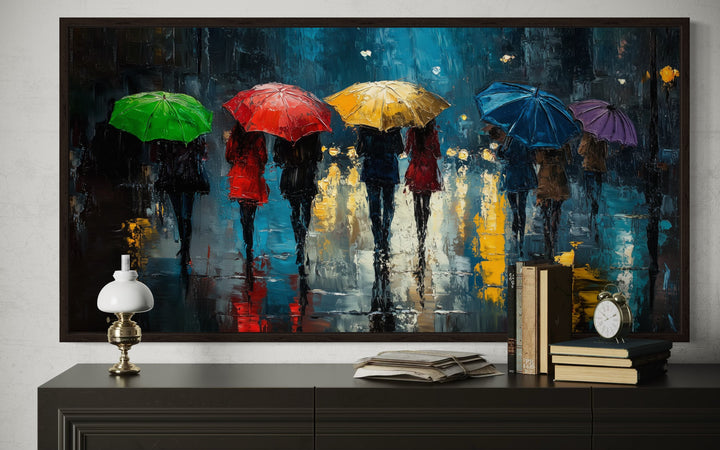 People With Colorful Umbrellas In Rainy City Wall Art For Office Decor