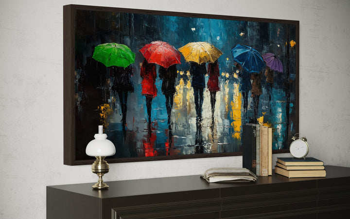 People With Colorful Umbrellas In Rainy City Wall Art For Office Decor