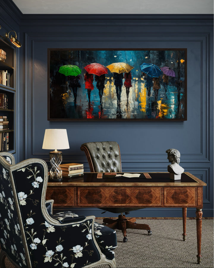 People With Colorful Umbrellas In Rainy City Wall Art For Office Decor