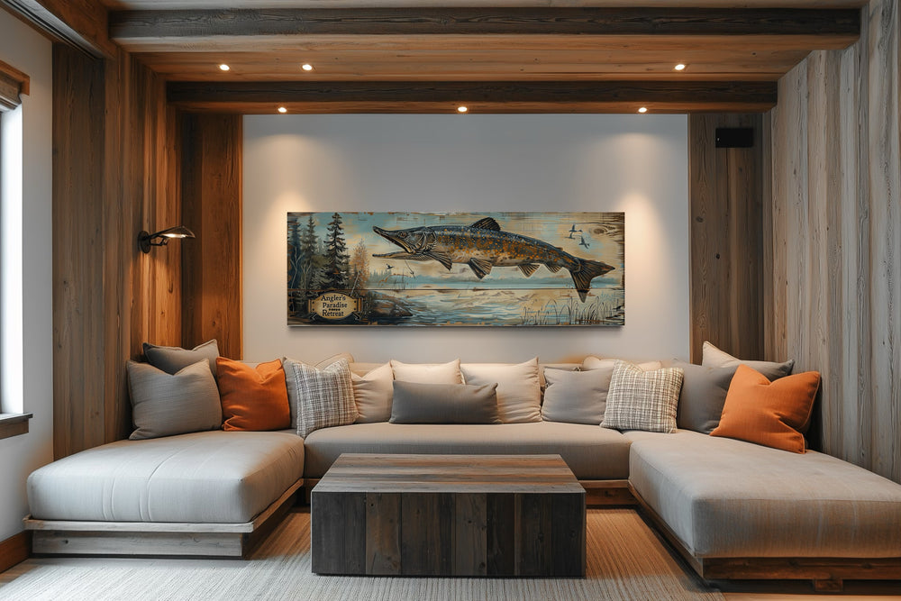 Pike Fish Wall Art - Angler's Paradise Retreat Fishing Sign Framed Cabin Wall Art