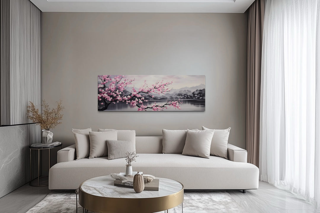 Pink Cherry Blossom On Japanese Landscape Long Horizontal Wall Art