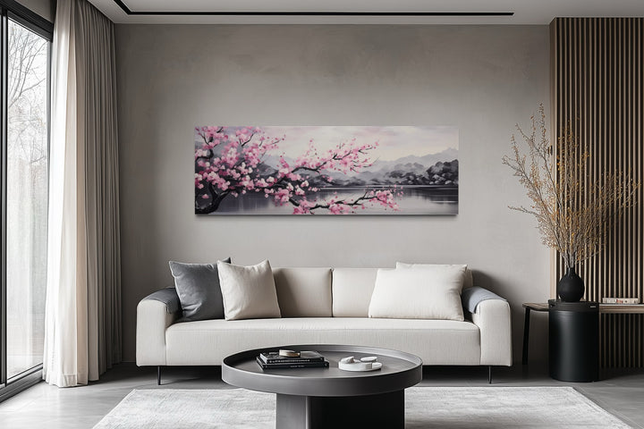 Pink Cherry Blossom On Japanese Landscape Long Horizontal Wall Art