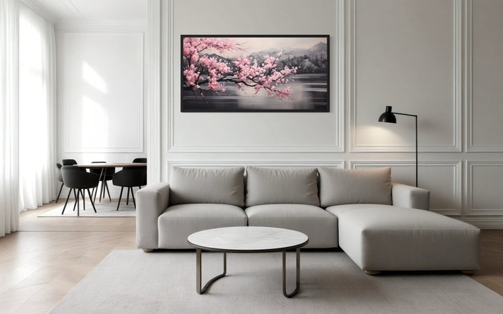 Pink Cherry Blossom on Black Abstract Framed Canvas Wall Art