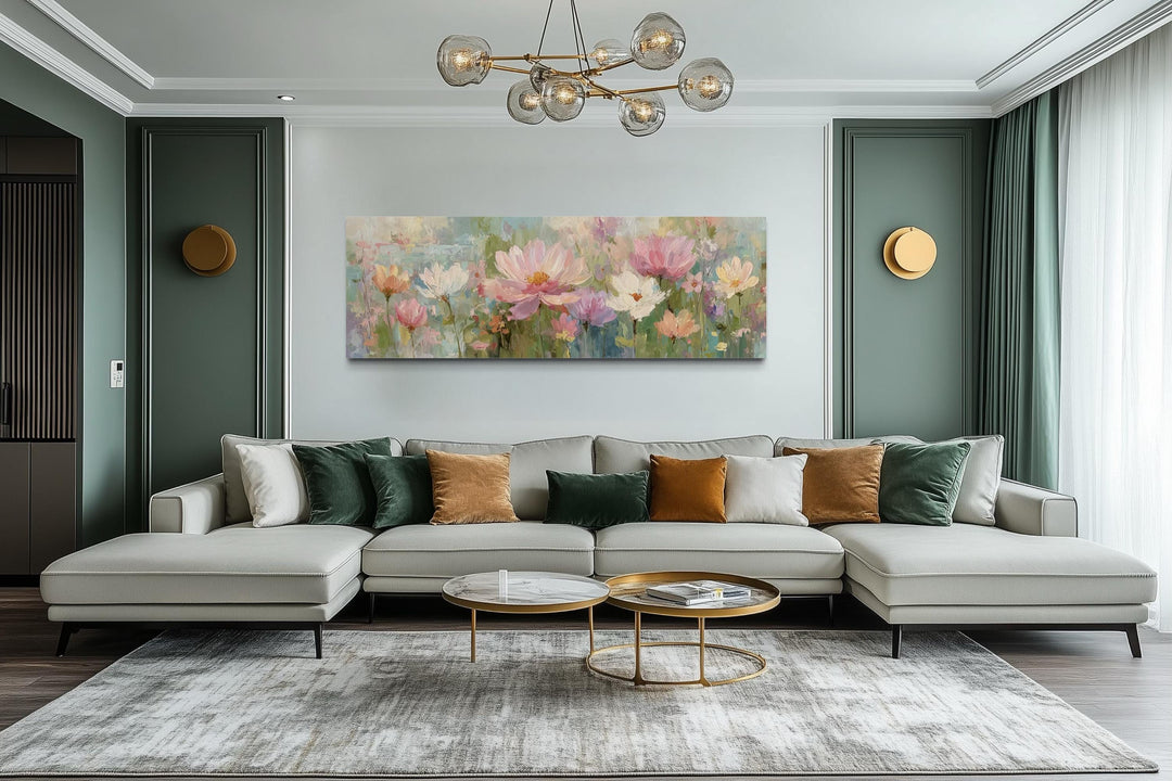 Pink Green Long Horizontal Botanical Floral Wall Art