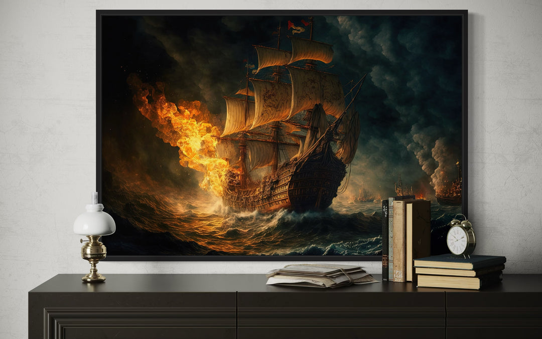 Pirate Ship Battle In Ocean Storm Nautical Framed Canvas Wall Art
