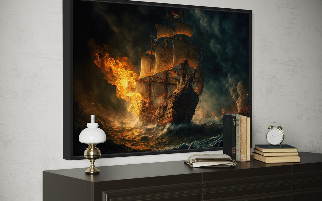 Pirate Ship Battle In Ocean Storm Nautical Framed Canvas Wall Art