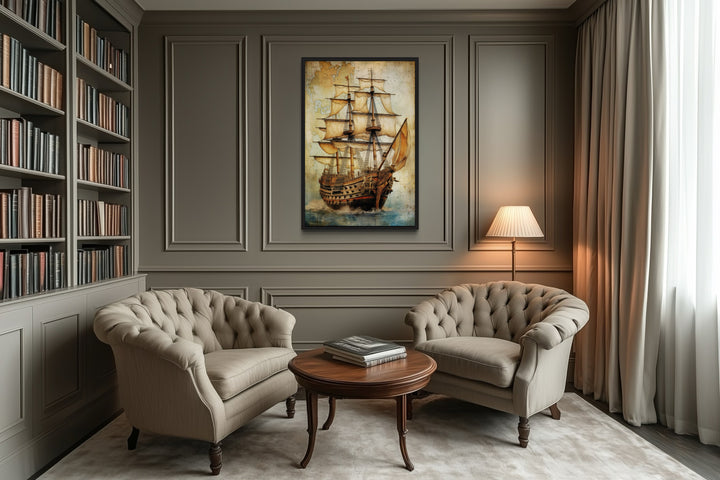 Pirate Ship On Antique Treasure Map Nautical Framed Canvas Wall Art