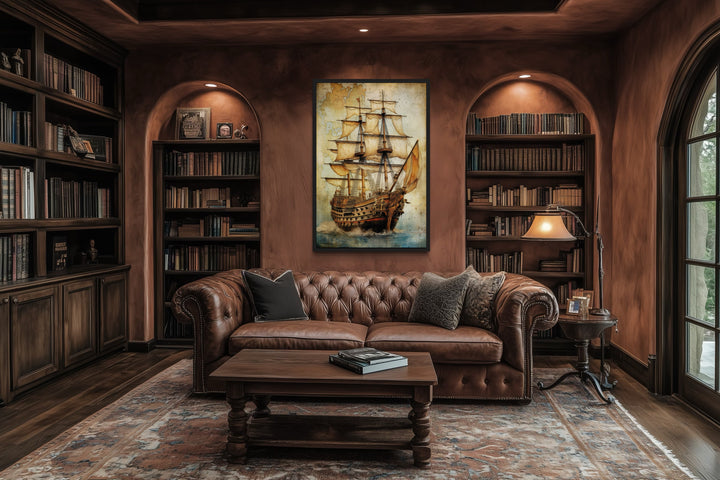 Pirate Ship On Antique Treasure Map Nautical Framed Canvas Wall Art