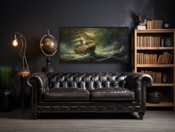 Pirate Ship in Ocean Storm Nautical Framed Canvas Wall Art