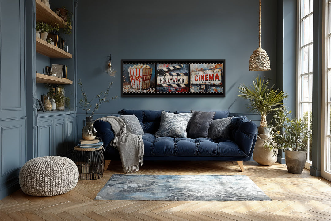 Popcorn, Clapper And Cinema Ticket Collage Framed Canvas Wall Art For Movie Room