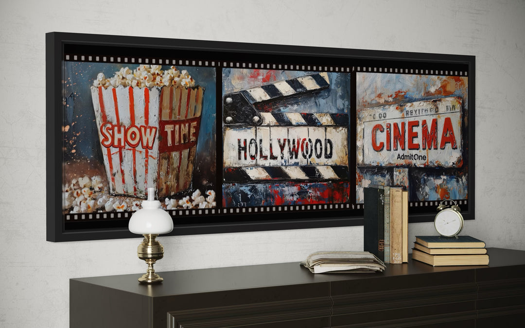 Popcorn, Clapper And Cinema Ticket Collage Framed Canvas Wall Art For Movie Room