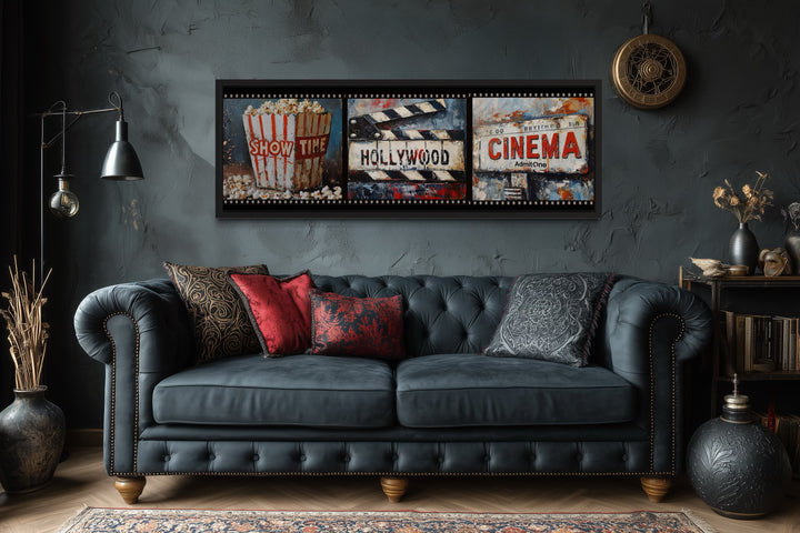 Popcorn, Clapper And Cinema Ticket Collage Framed Canvas Wall Art For Movie Room