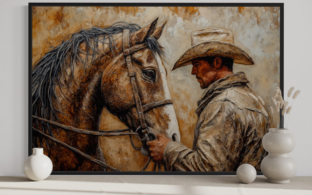 Portrait Of A Cowboy And His Horse Western Framed Canvas Wall Art