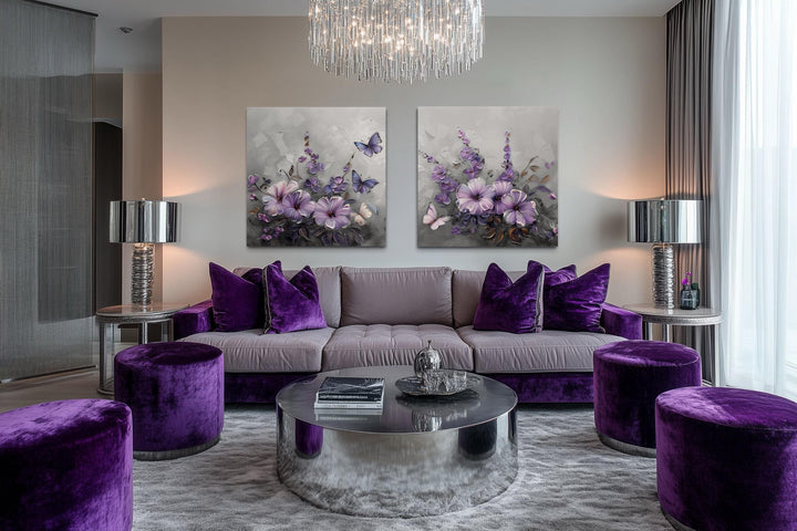 Purple Floral Butterfly Canvas Wall Art Set of 2