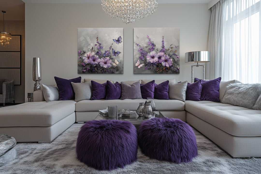 Purple Floral Butterfly Canvas Wall Art Set of 2