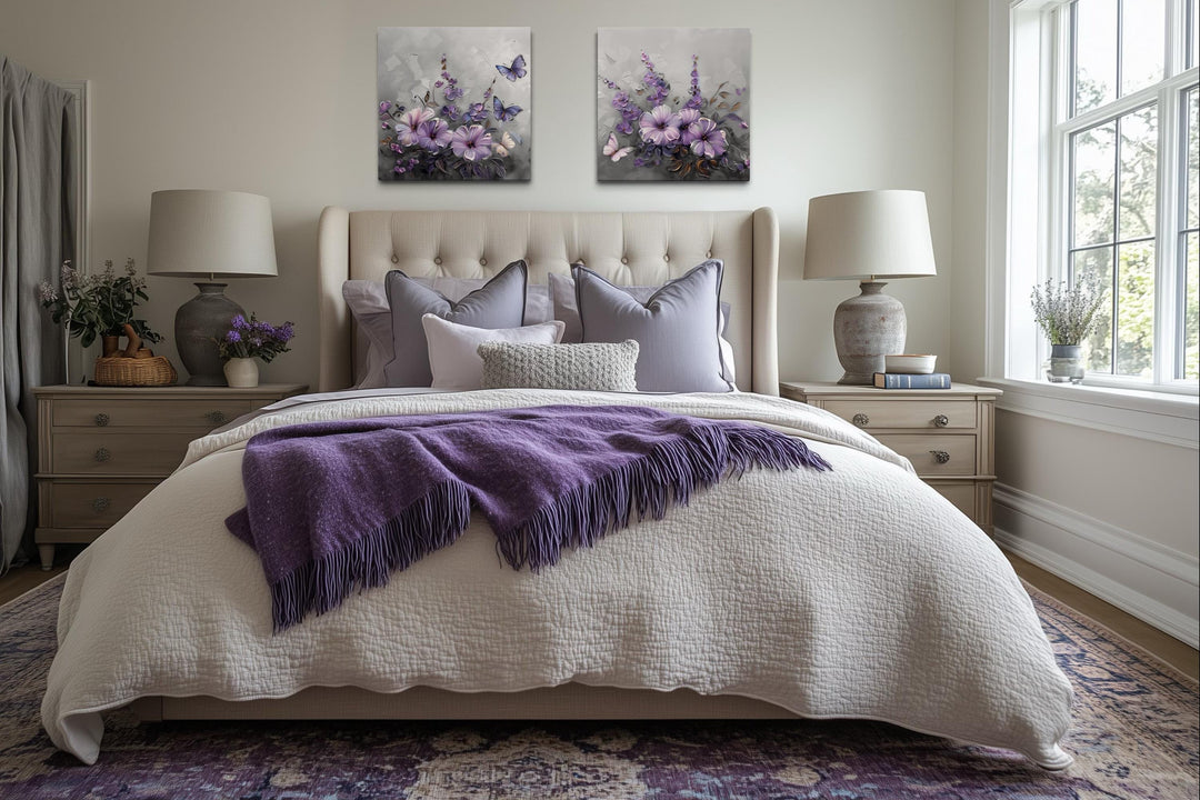 Purple Floral Butterfly Canvas Wall Art Set of 2