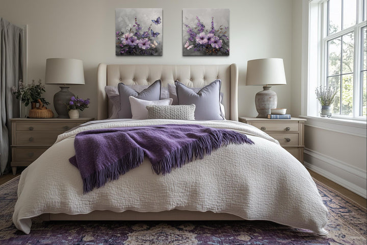 Purple Floral Butterfly Canvas Wall Art Set of 2