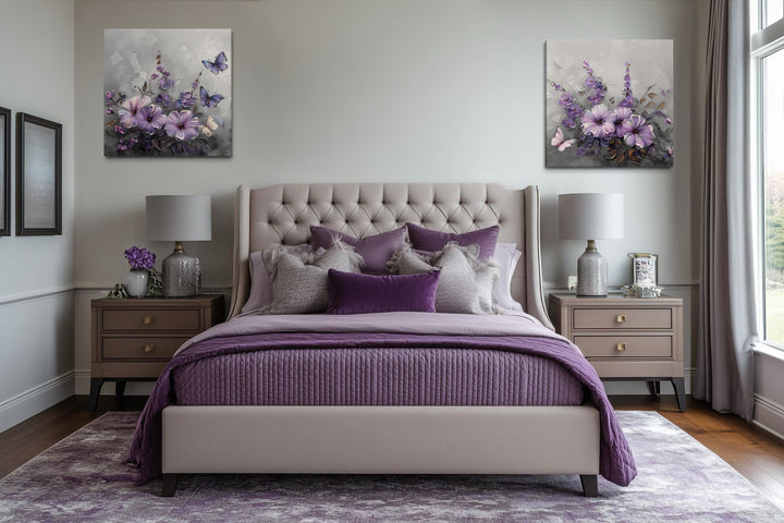Purple Floral Butterfly Canvas Wall Art Set of 2