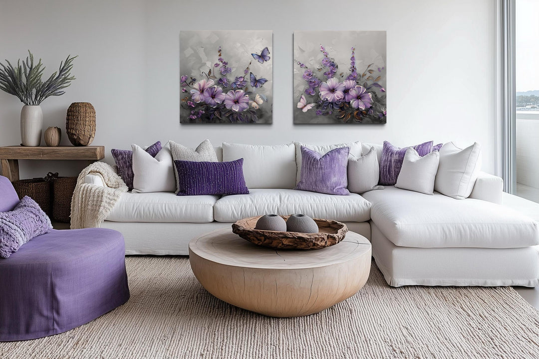 Purple Floral Butterfly Canvas Wall Art Set of 2